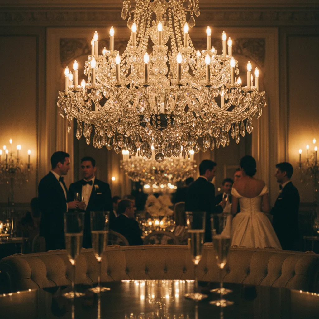 Crystal chandelier and champagne glasses at a luxury LIV-produced event