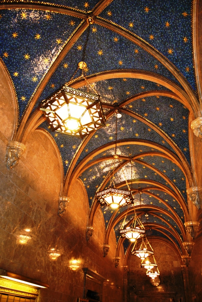 The gilded vaulted ceiling of Cipriani 42nd Street, the former Bowery Savings Bank in New York